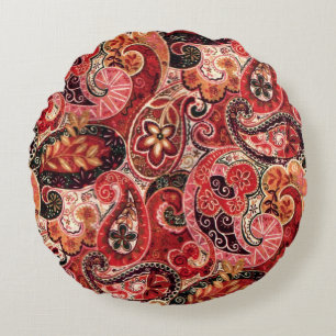 Coussins Ronds Rouge, Rose et Vintage Paisley Floral Noir