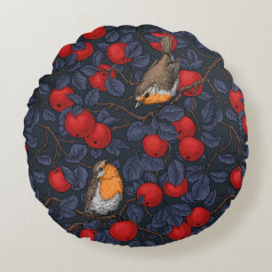 Coussins Ronds Rouges-gorges dans le pommier/bleu et rouge 