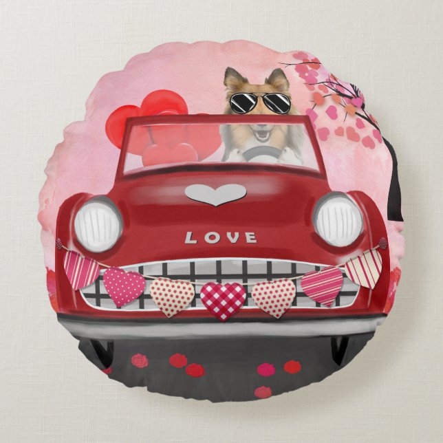 Coussins Ronds Rough Collie Chien Voiture avec coeurs Saint-Valen (Devant)