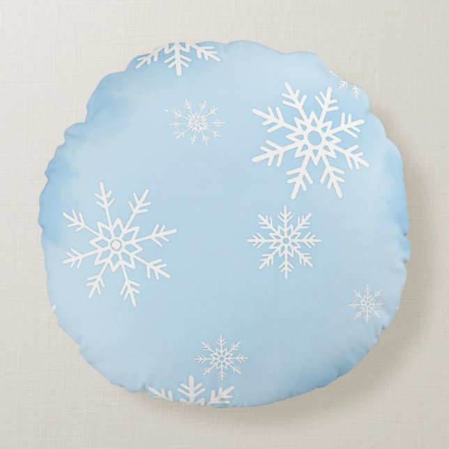 Coussins Ronds  Round Pillow with White Snowflakes on Blue Backgr (Devant)