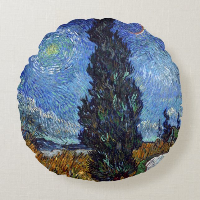 Coussins Ronds Route avec cyprès de Van Gogh Impressionnisme (Devant)