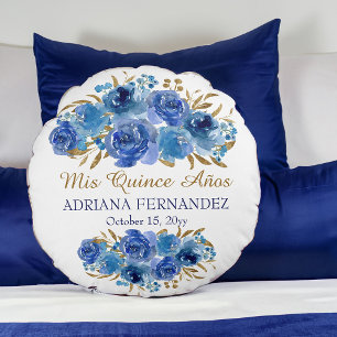 Coussins Ronds Royal Blue Floral Gold Leaf Quinceanera Keepsaké