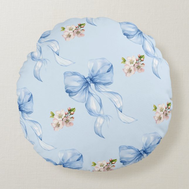 Coussins Ronds Ruban bleu et fleur de cerisier (Devant)