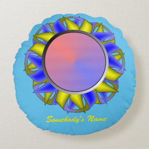 Coussins Ronds Ruban de disque jaune bleu par Kenneth Yoncich