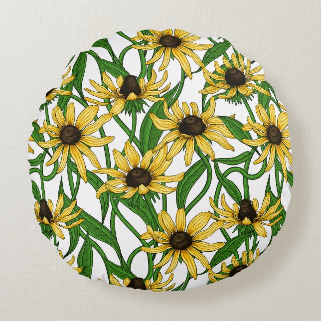 Coussins Ronds Rudbekia jaune sur blanc (Devant)