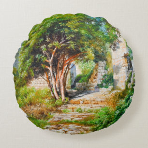 Coussins Ronds Ruines anciennes avec arbre éclairé - Peinture à l