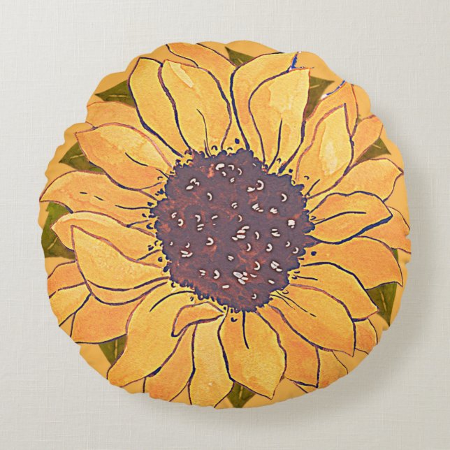 Coussins Ronds Russe Golden Yellow Sunflower aquarelle fleurie R (Devant)