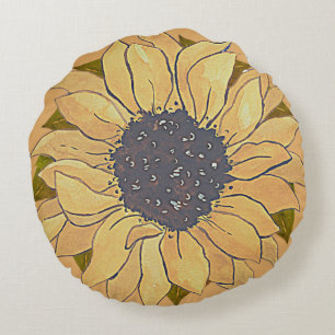 Coussins Ronds Russe Golden Yellow Sunflower aquarelle fleurie R