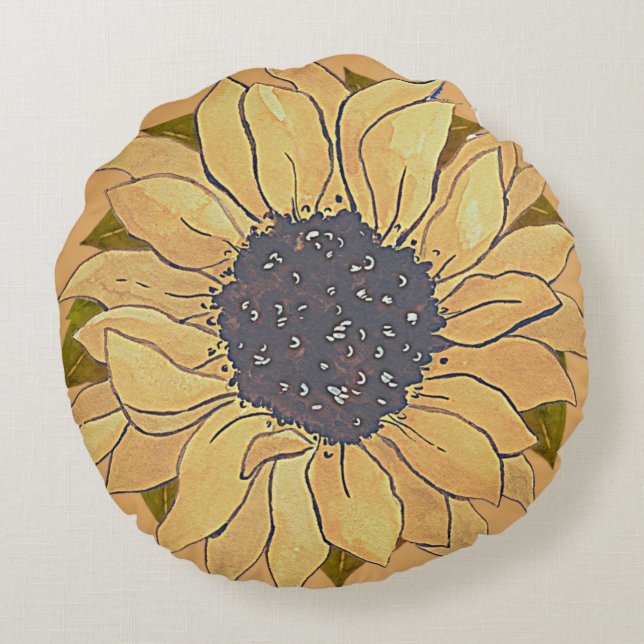 Coussins Ronds Russe Golden Yellow Sunflower aquarelle fleurie R (Dos)
