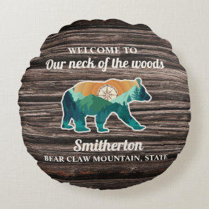 Coussins Ronds Rustic Bear Mountains Compass Nom de famille Bienv