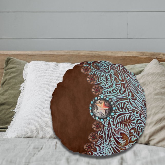 Coussins Ronds Rustique brun turquoise de l'ouest motif (Rustic brown turquoise western country pattern round pillow)