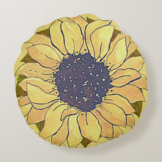 Coussins Ronds Rustique Chic Tournesol jaune aquarelle floral (Dos)