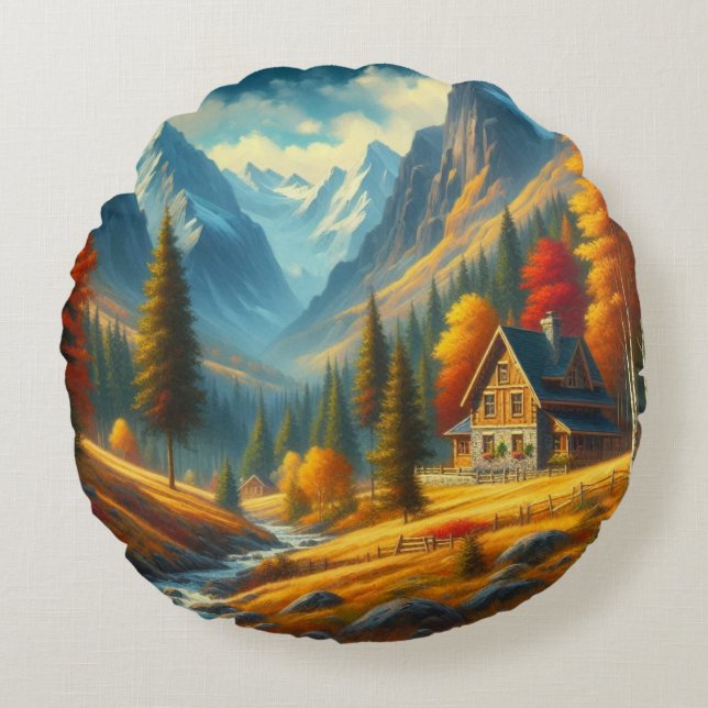 Coussins Ronds Rustique, Gîte de montagne d'automne & rivière (Devant)