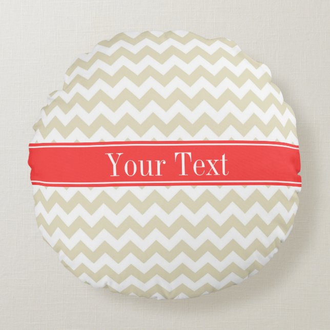 Coussins Ronds Sable Beige Blanc Chevron Corail Rouge Monogramme  (Devant)