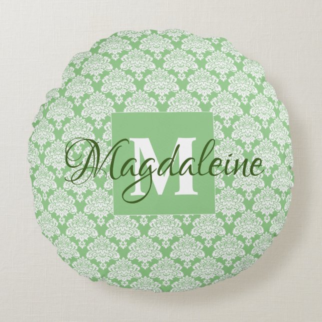 Coussins Ronds Sage Green Vintage Damask Monogramme & Nom (Devant)