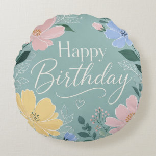 Coussins Ronds Sage vert Fleur sauvage aquarelle pour anniversair