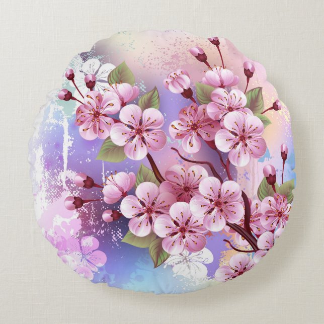 Coussins Ronds Sakura rose sur la peinture Arrière - plan (Devant)