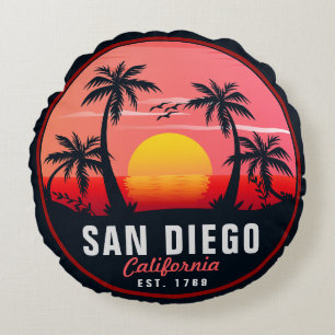 Coussins Ronds San Diego California Retro Sunset Souvenirs 60s