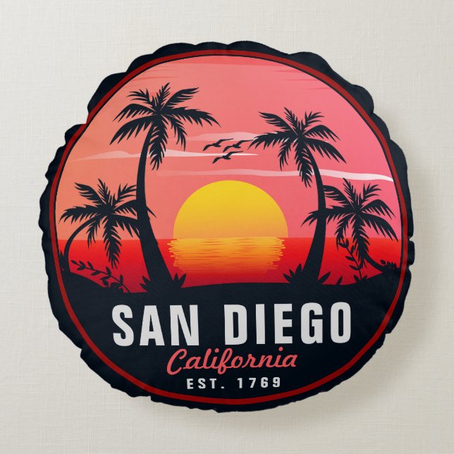 Coussins Ronds San Diego California Retro Sunset Souvenirs 60s (Devant)