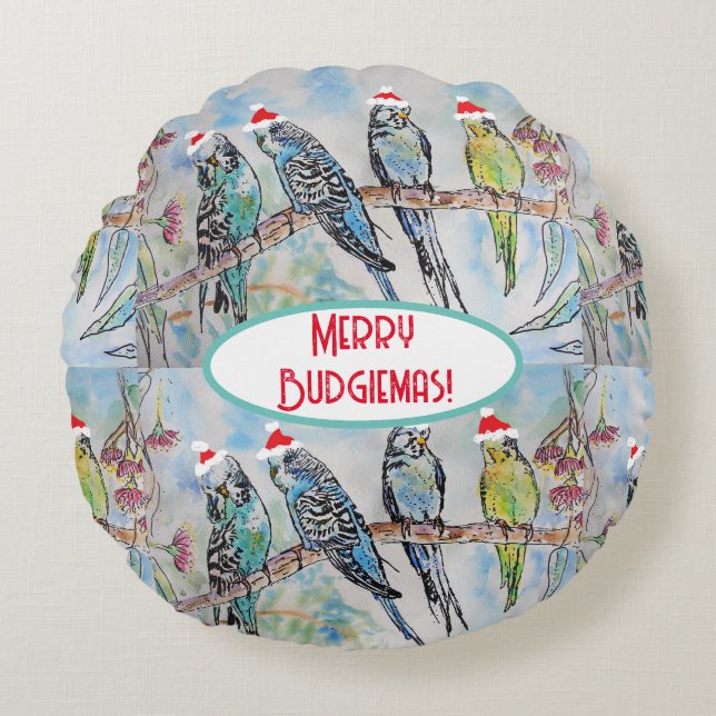 Coussins Ronds Santa Budgie Christmas Watercolor Painting Bird (Devant)