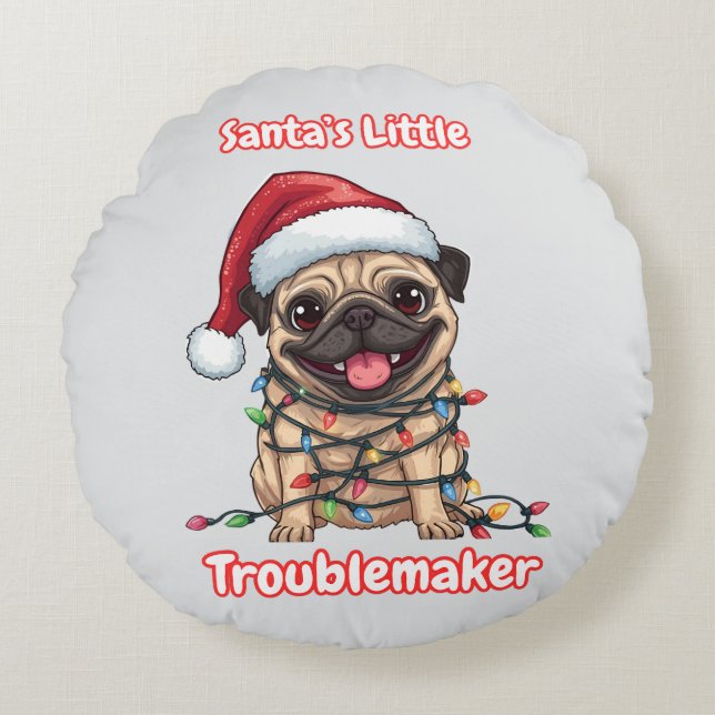 Coussins Ronds Santa’s Little Troublemaker Pug Round Pillow (Devant)