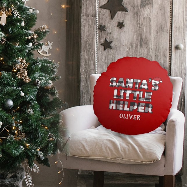 Coussins Ronds Santa's Little Helper Personalized  (santa's little helper Christmas personalized round pillow. black and white plaid check design)