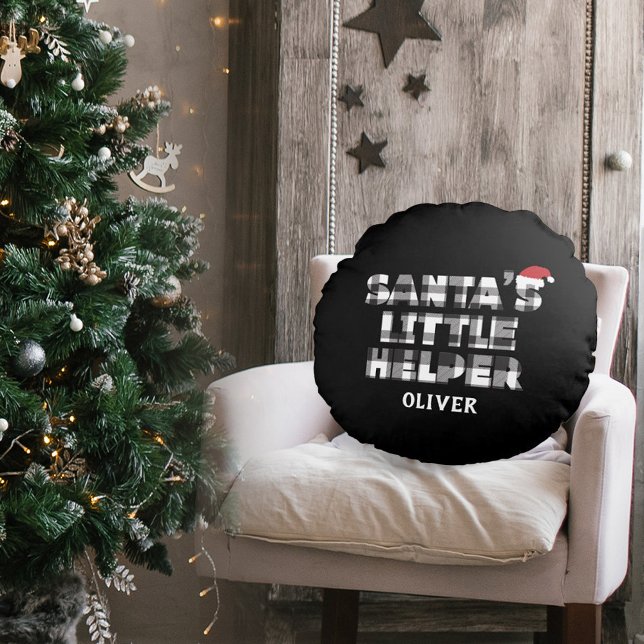 Coussins Ronds Santa's little helper Personalized  (personalized santa;s little helper pillow. black and white plaid check. )
