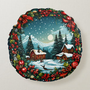 Coussins Ronds Scène de cabane hivernale festive avec couronne de