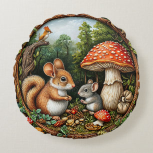 Coussins Ronds Scène de nature fantaisiste avec écureuil