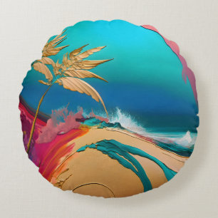 Coussins Ronds Scène de plage tropicale abstraite vibrante