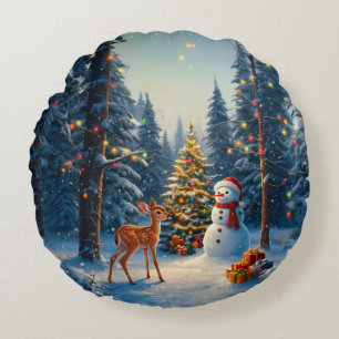 Coussins Ronds Scène de sapin de Noël Cerf Faon Bonhomme de neige