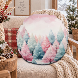 Coussins Ronds Scène hivernale avec des sapins et teinte menthe e