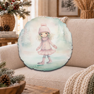 Coussins Ronds Scène hivernale de patinage fille menthe et rose