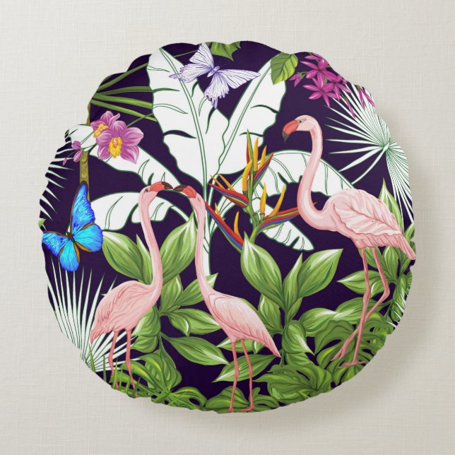 Coussins Ronds Seamless pattern, background with flamingo and tro (Devant)