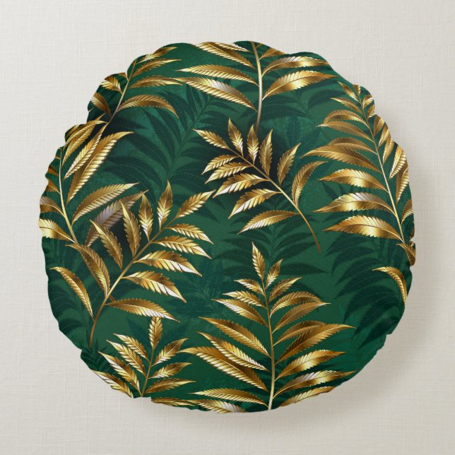 Coussins Ronds Seamless pattern with golden ferns (Devant)