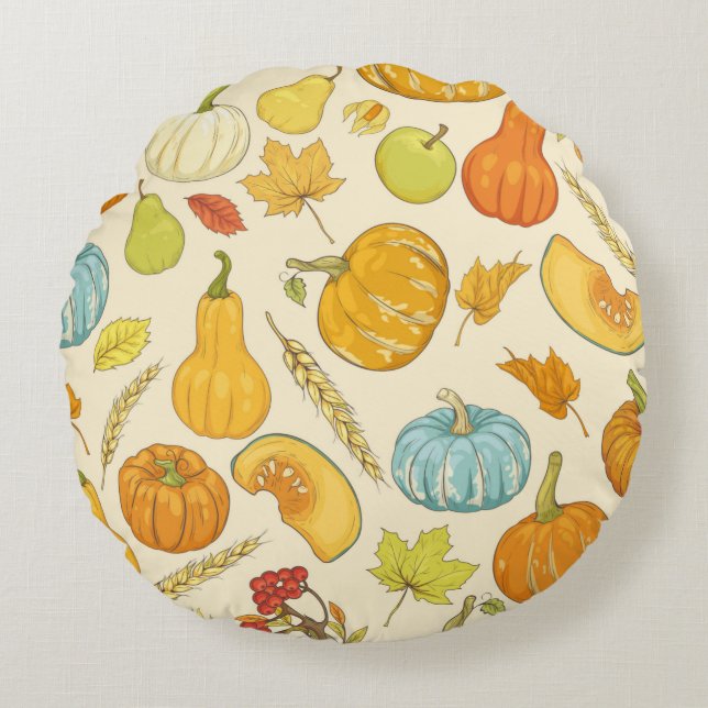 Coussins Ronds Seamless pattern with pumpkins, autumn leaves, app (Devant)