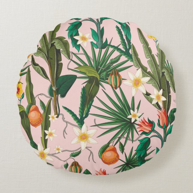 Coussins Ronds Seamless pattern with tropical leaf, flowers and f (Devant)