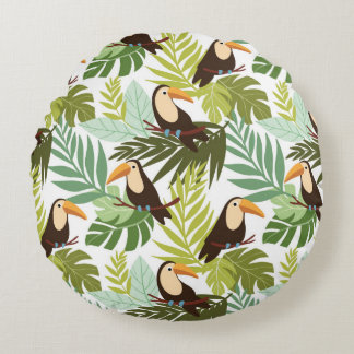 Coussins Ronds Seamless tropical pattern with toucan and palm lea