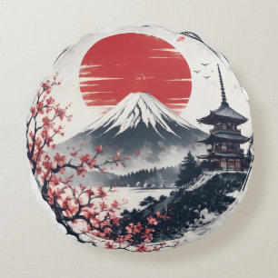 Coussins Ronds Sérénité du coucher de soleil sur le mont Fuji – A