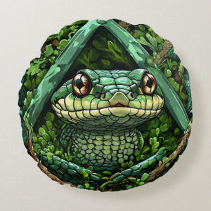 Coussins Ronds Serpent vert vibrant parmi les feuilles épaisses