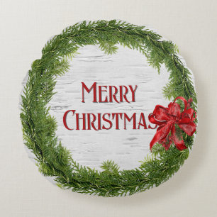 Coussins Ronds Serre de Noël Avec Bow rouge sur bouleau