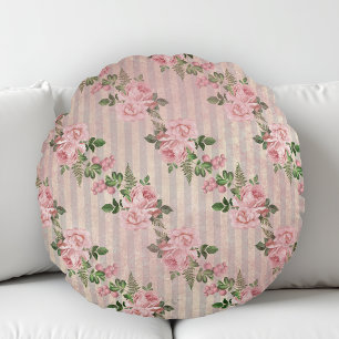 Coussins Ronds Shabby Chic Fleurs Grunge Rayures Rose