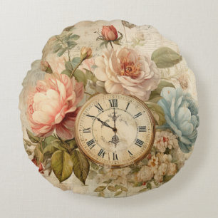 Coussins Ronds Shabby Chic Vintage Bleu Rose Floral Horloge