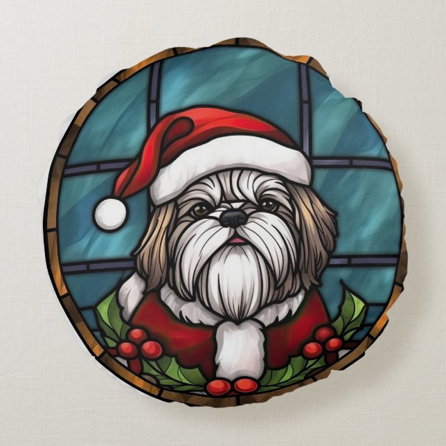 Coussins Ronds Shih Tzu Vitrail de Noël (Dos)