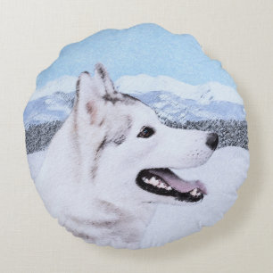 Coussins Ronds Sibérie Husky (argent et blanc) Peinture Chien Art