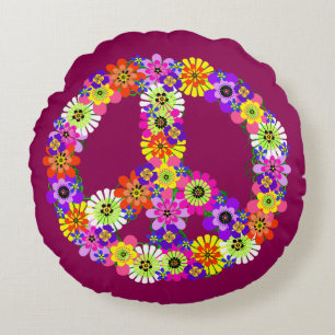Coussins Ronds Signe de Paix Floral au Framboise