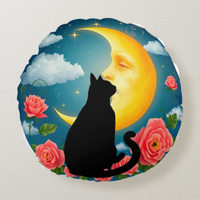 Coussins Ronds Silhouette de chat assis devant la lune (Devant)
