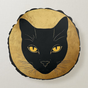 Coussins Ronds Silhouette de chat noir sur un cercle doré