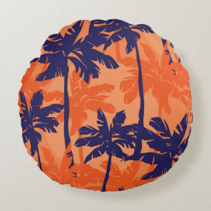 Coussins Ronds Silhouette de palmier bleu, arrière - plan orange