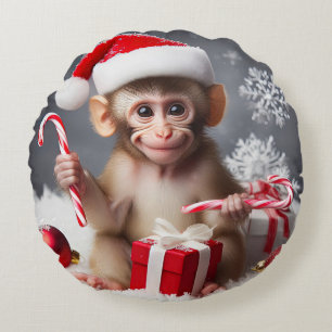 Coussins Ronds Singe mignon avec chapeau de Père Noël